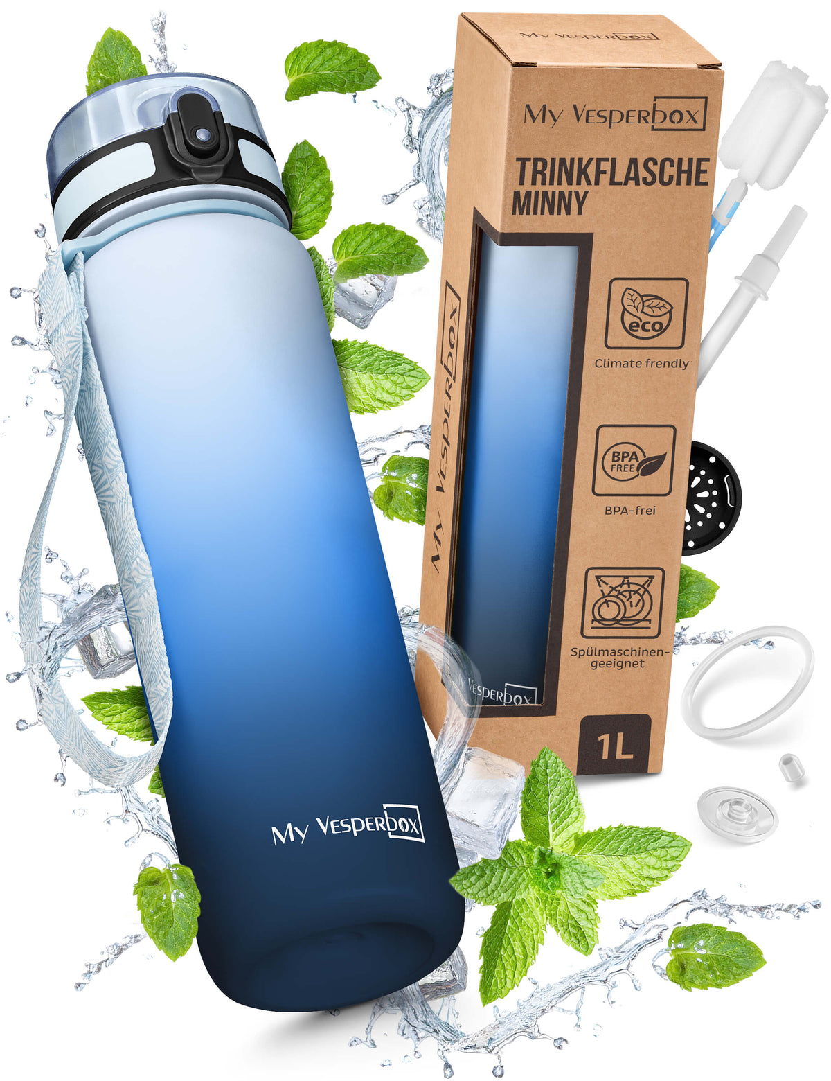Wasserflasche 1 Liter Trinkflasche 1L Aus Tritan – Auslaufsicher, BPA-frei Mit Trink-Erinnerung Und Karabiner
