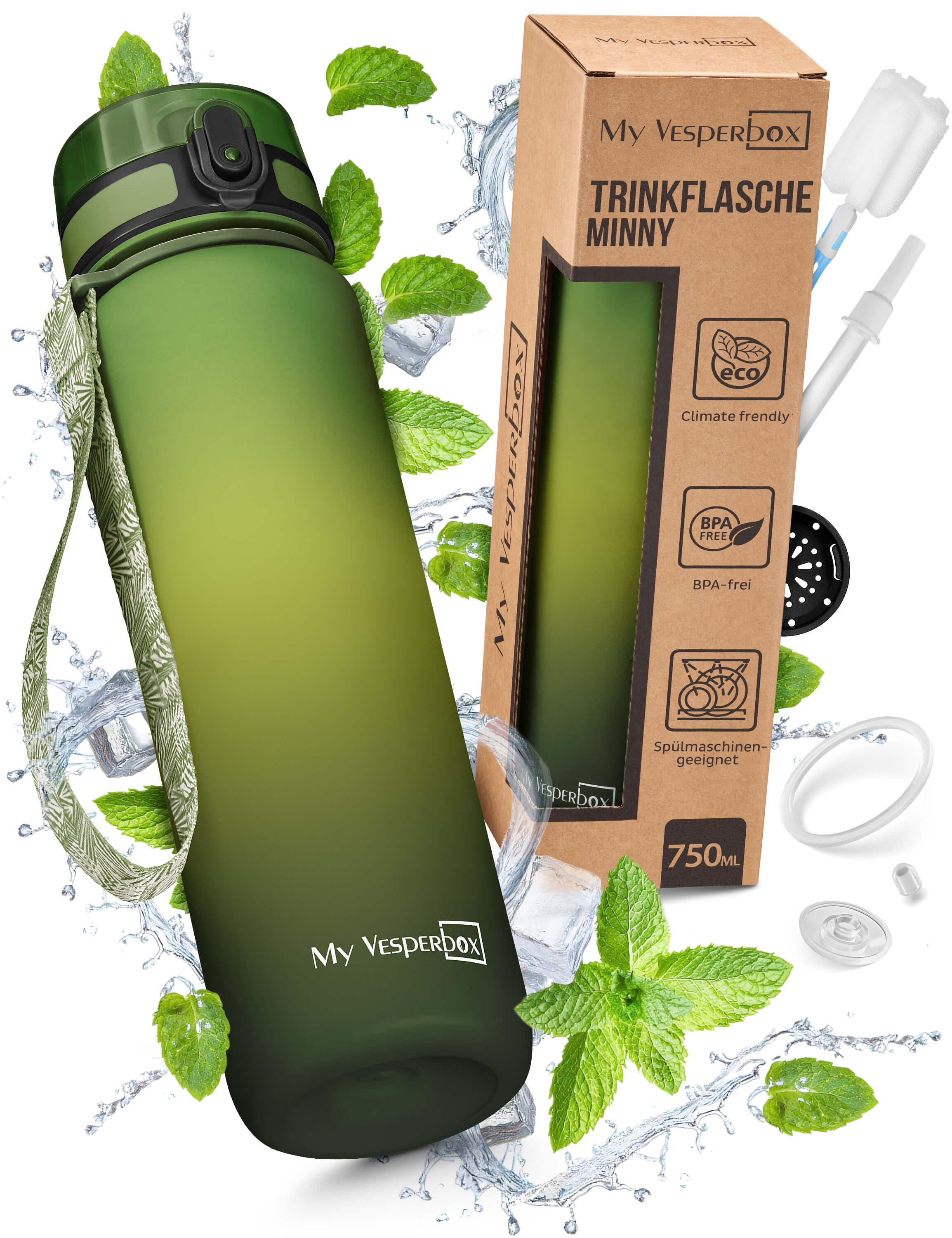 Minny Trinkflasche 750 ml Grünverlauf – auslaufsicher & BPA-frei