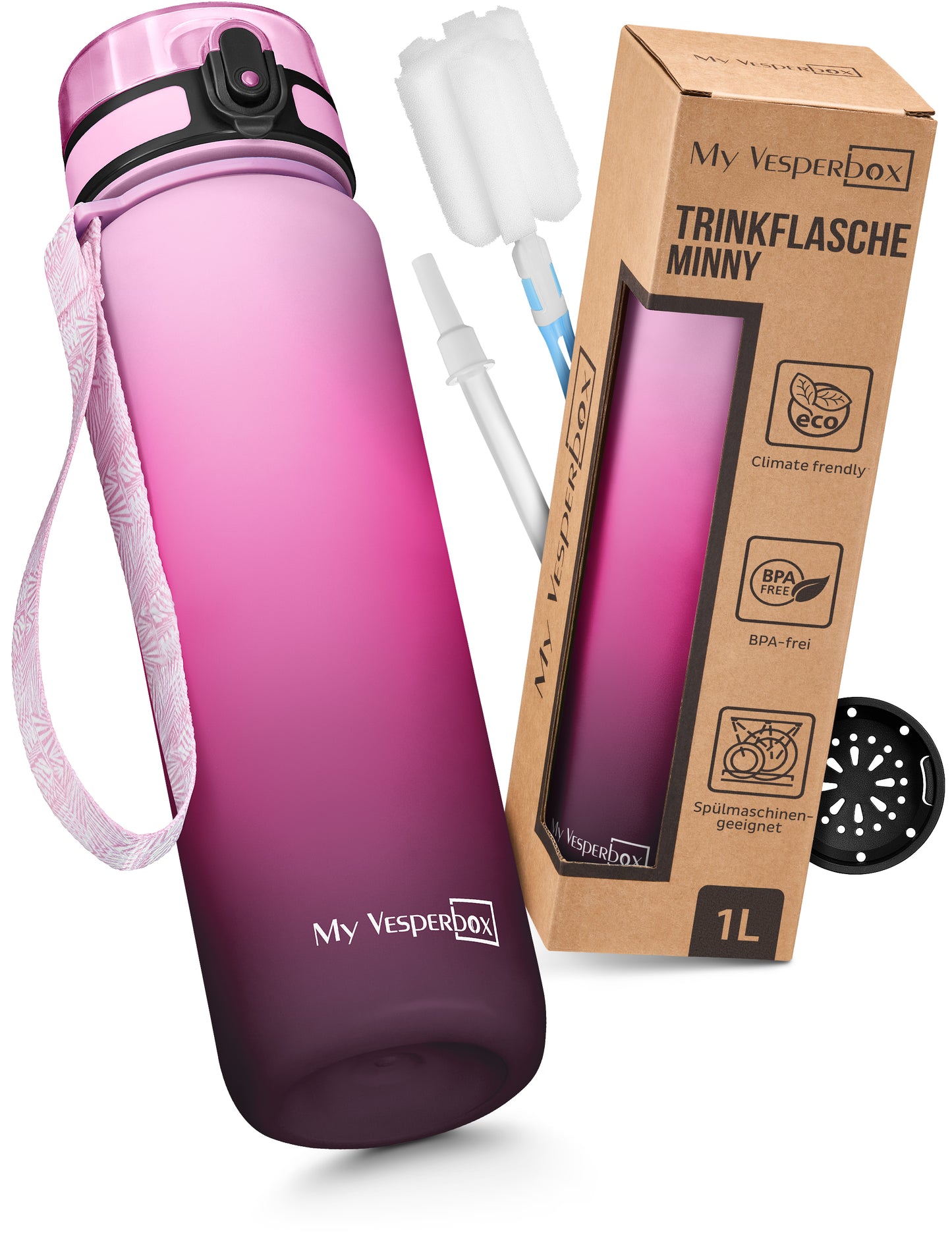 B-Ware My Vesperbox ? Minny - Kinder Trinkflasche auslaufsicher ? 1L ? mit Strohhalm oder Sieb - leichte Tritan Wasserflasche - BPA frei - für Kindergarten, Schule (Rosaverlauf 1L)