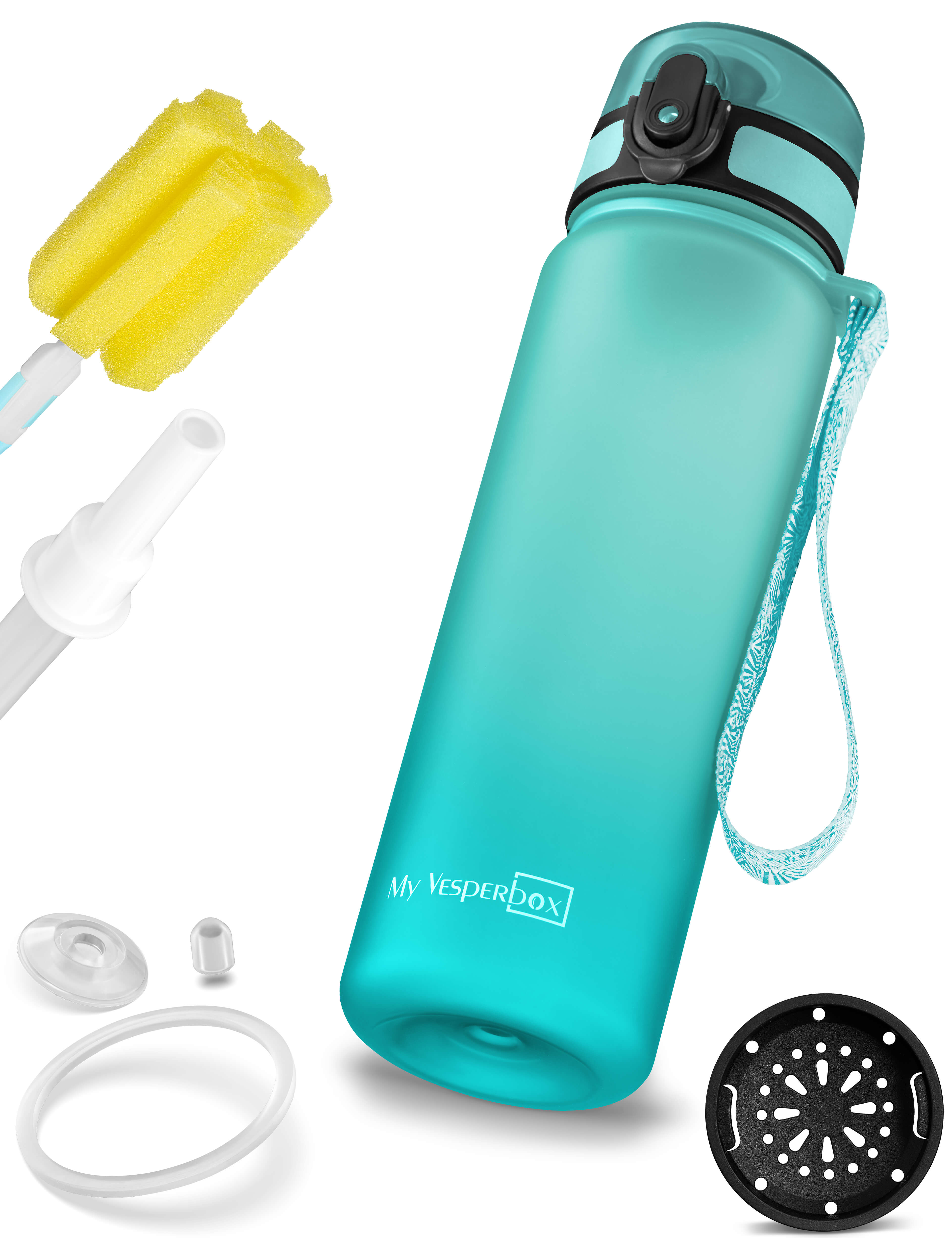 MyVesperbox Minny Trinkflasche 750 ml - auslaufsicher, BPA-frei, mit Strohhalm & Fruchtsieb