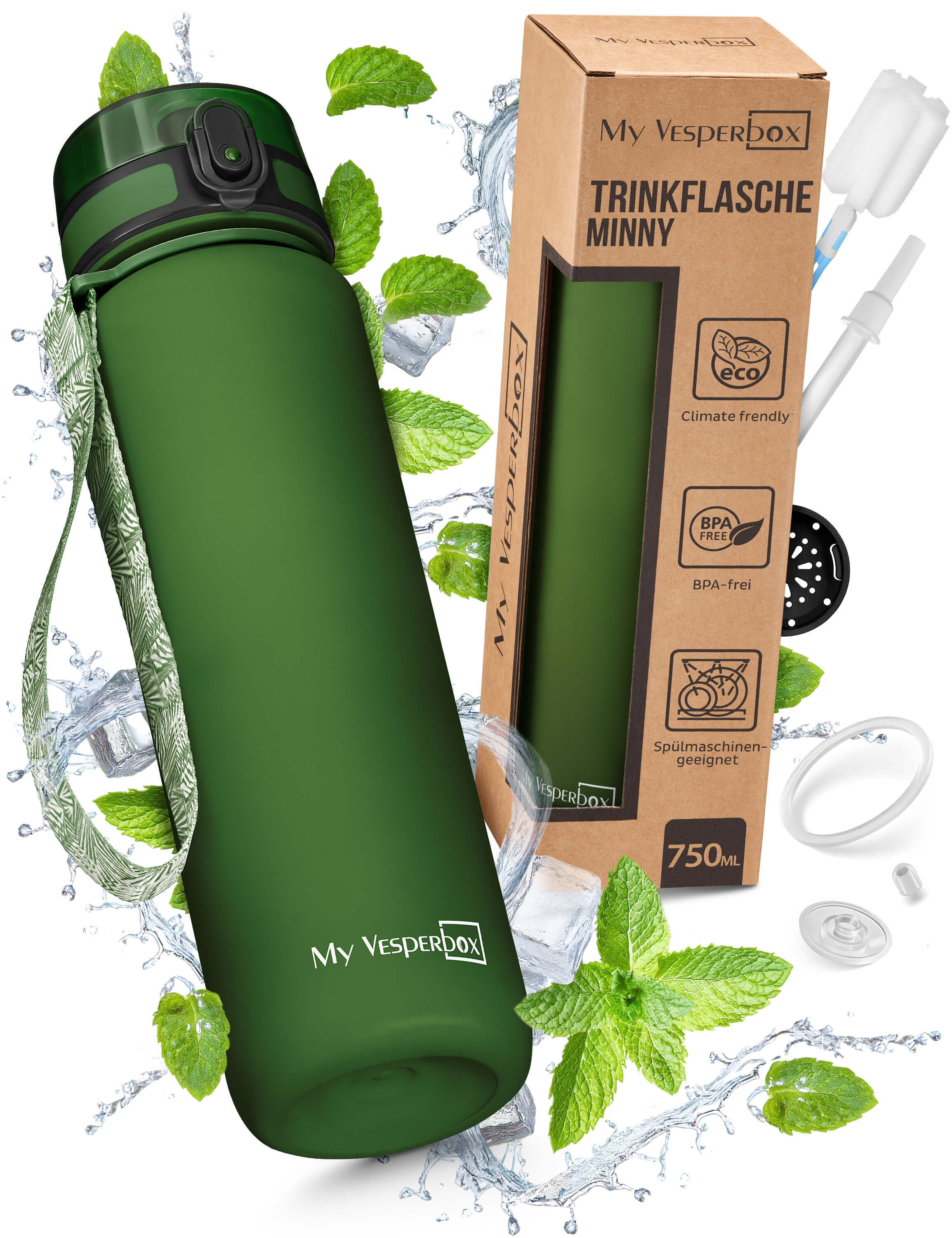 MyVesperbox Minny Trinkflasche 750 ml - auslaufsicher, BPA-frei, mit Strohhalm & Fruchtsieb