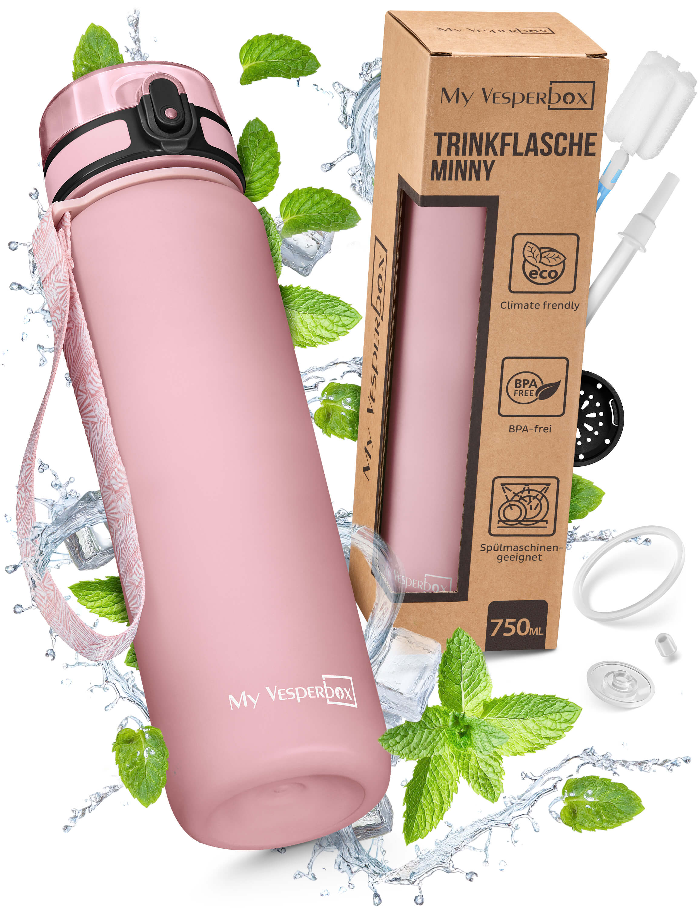 MyVesperbox Minny Trinkflasche 750 ml - auslaufsicher, BPA-frei, mit Strohhalm & Fruchtsieb