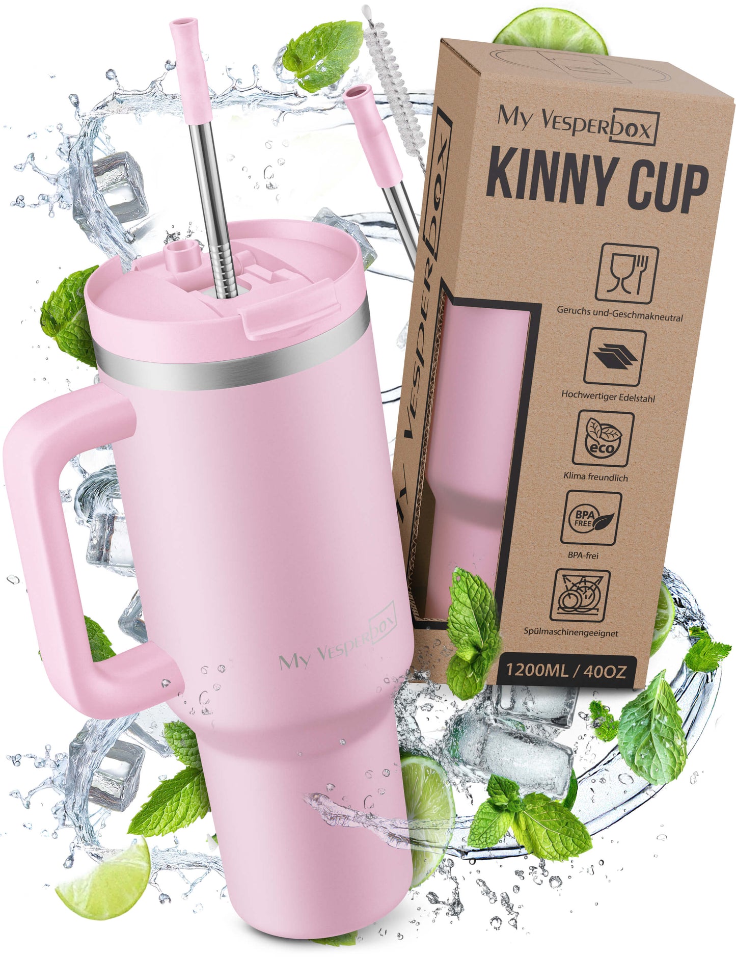 B-Ware My Vesperbox Kinny Cup - Thermobecher mit Strohhalm Rosa 1200ml - Kaffeebecher To Go - Thermosflasche Edelstahl BPA & Melamin Frei