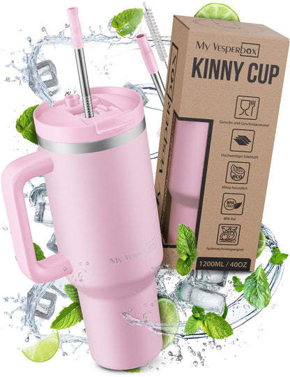 B-Ware My Vesperbox Kinny Cup - Thermobecher mit Strohhalm Rosa 1200ml - Kaffeebecher To Go - Thermosflasche Edelstahl BPA & Melamin Frei