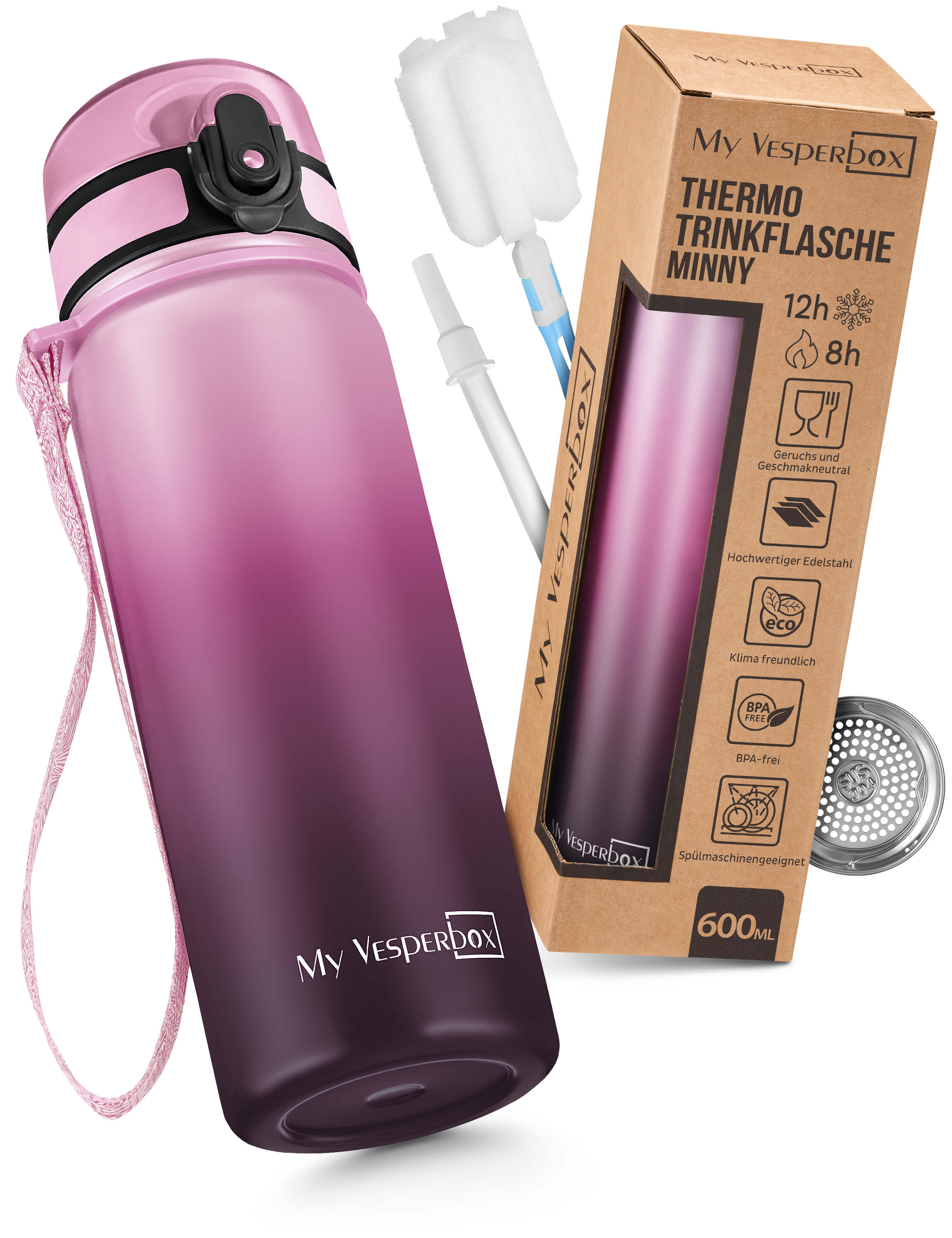 Thermo Minny 600 ml Rosaverlauf – isolierte Kinder-Trinkflasche