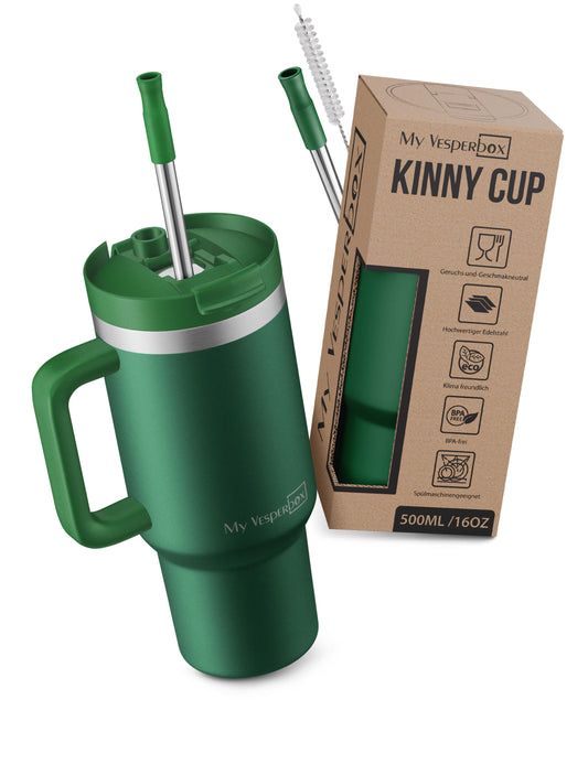 B-Ware My Vesperbox Kinny Cup - Thermobecher mit Strohhalm Dunkelgrün 500 ml - Kaffeebecher To Go - Thermosflasche Edelstahl BPA & Melamin Frei #1