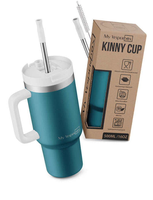 B-Ware My Vesperbox Kinny Cup - Thermobecher mit Strohhalm Petrol 500 ml - Kaffeebecher To Go - Thermosflasche Edelstahl BPA & Melamin Frei