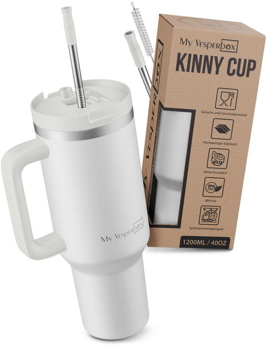 B-Ware My Vesperbox Kinny Cup - Thermobecher mit Strohhalm Weiß 1200ml - Kaffeebecher To Go - Thermosflasche Edelstahl BPA & Melamin Frei