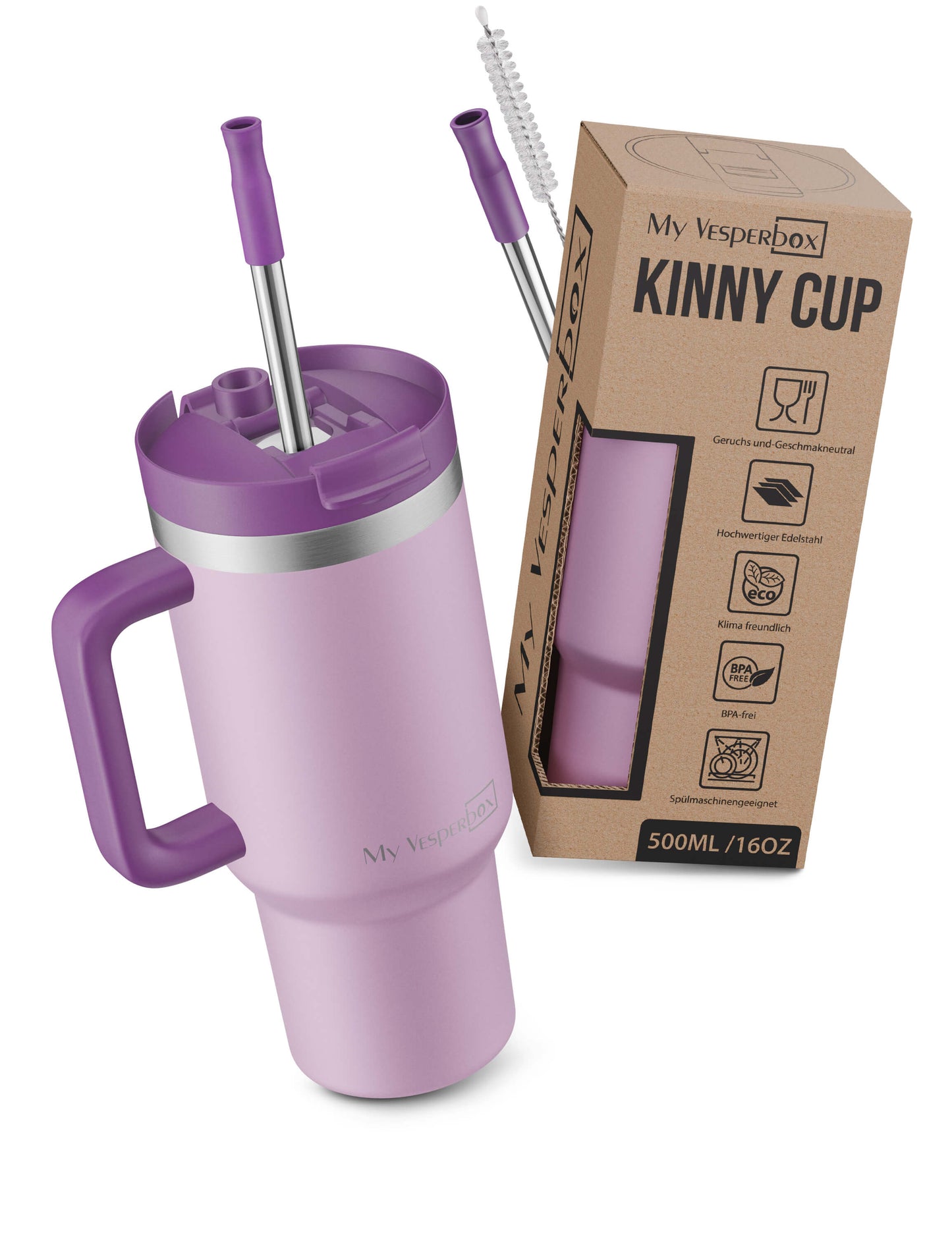 B-Ware My Vesperbox Kinny Cup - Thermobecher mit Strohhalm Berry 500 ml - Kaffeebecher To Go - Thermosflasche Edelstahl BPA & Melamin Frei