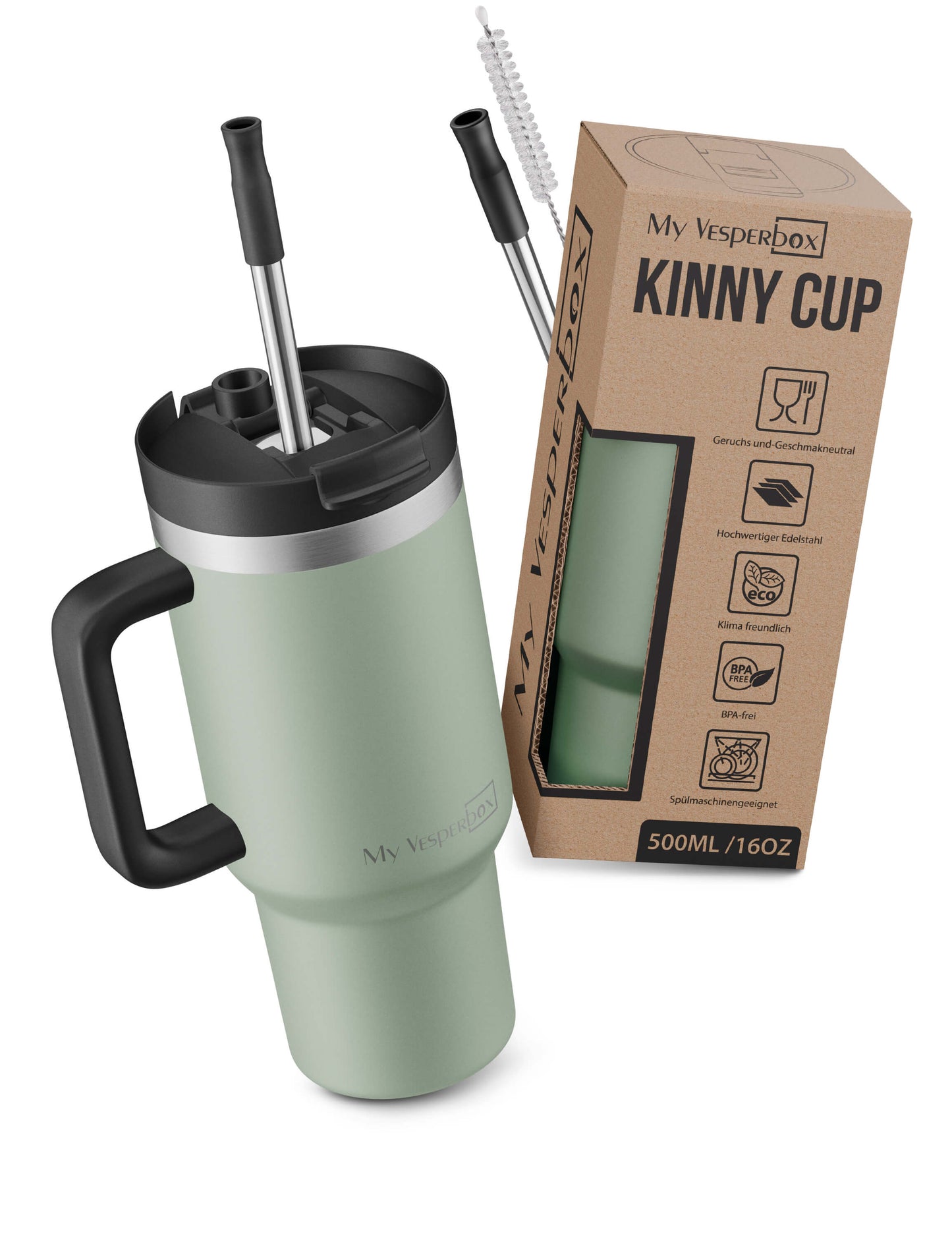 B-Ware My Vesperbox Kinny Cup - Thermobecher mit Strohhalm Grün 500 ml - Kaffeebecher To Go - Thermosflasche Edelstahl BPA & Melamin Frei