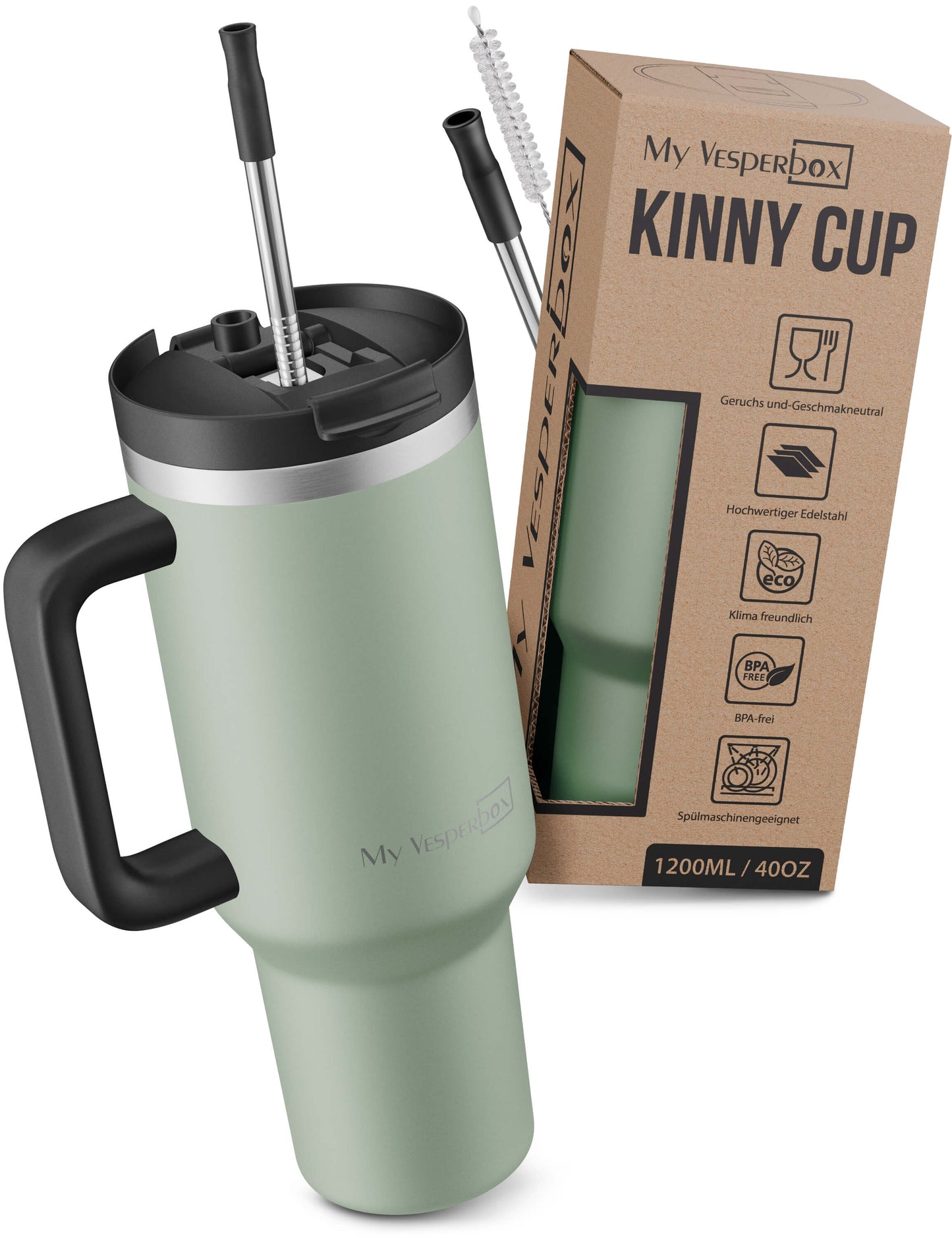 B-Ware My Vesperbox Kinny Cup - Thermobecher mit Strohhalm Grün 1200 ml - Kaffeebecher To Go - Thermosflasche Edelstahl BPA & Melamin Frei