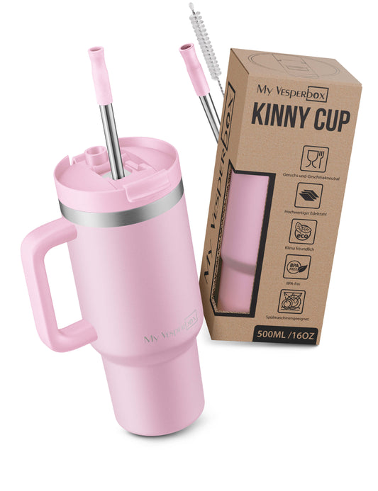B-Ware My Vesperbox Kinny Cup - Thermobecher mit Strohhalm Rosas 500 ml - Kaffeebecher To Go - Thermosflasche Edelstahl BPA & Melamin Frei