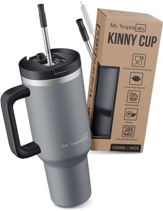 B-Ware My Vesperbox Kinny Cup - Thermobecher mit Strohhalm Grau 1200 ml - Kaffeebecher To Go - Thermosflasche Edelstahl BPA & Melamin Frei