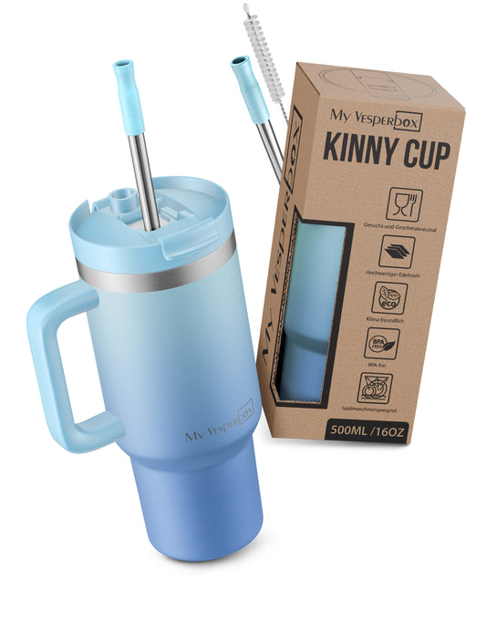 B-Ware My Vesperbox Kinny Cup - Thermobecher mit Strohhalm Blauverlauf  500 ml - Kaffeebecher To Go - Thermosflasche Edelstahl BPA & Melamin Frei