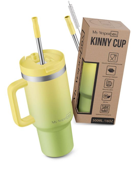 B-Ware My Vesperbox Kinny Cup - Thermobecher mit Strohhalm Gelb/Grün 500 ml - Kaffeebecher To Go - Thermosflasche Edelstahl BPA & Melamin Frei