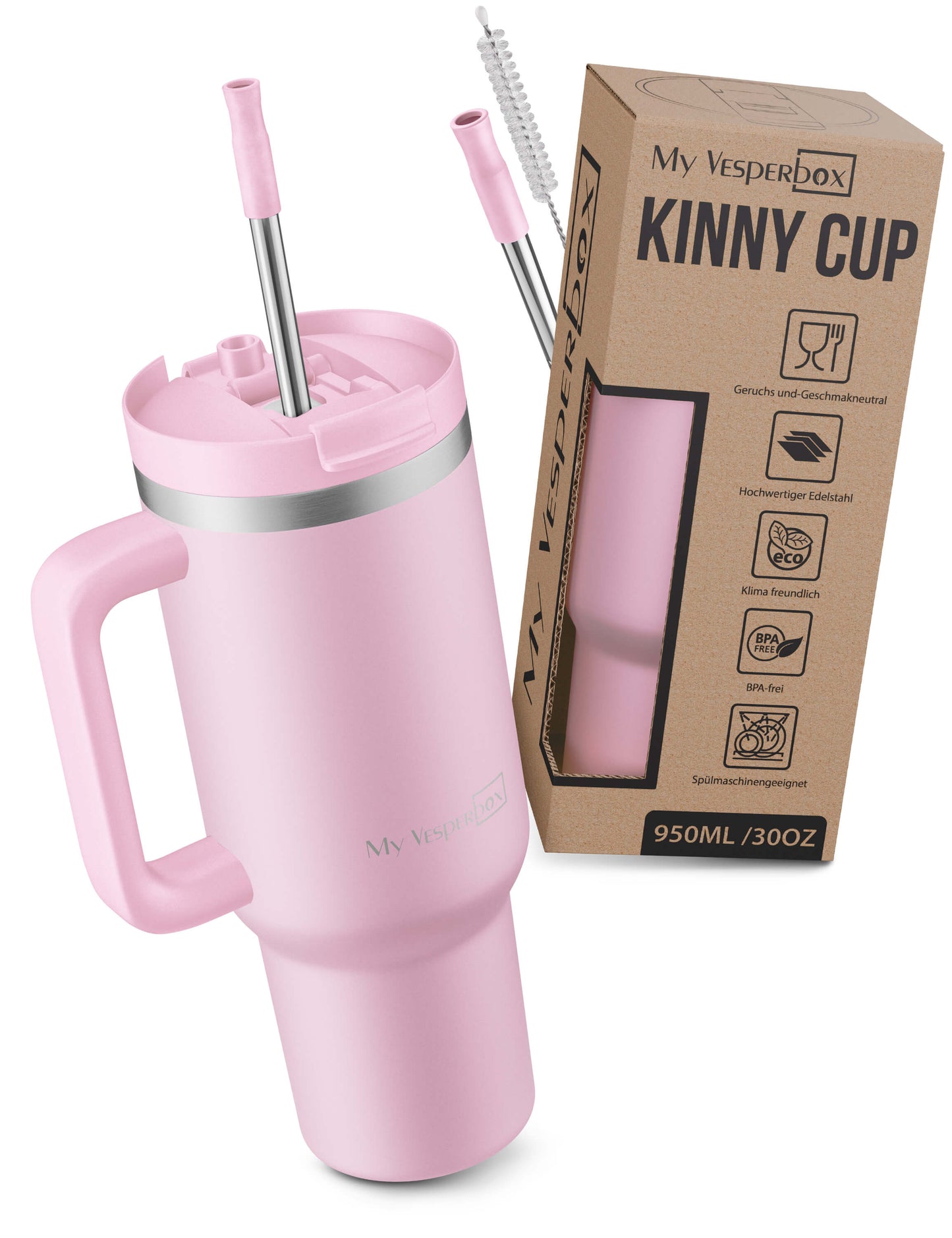B-Ware My Vesperbox Kinny Cup - Thermobecher mit Strohhalm Rosa 950ml - Kaffeebecher To Go - Thermosflasche Edelstahl BPA & Melamin Frei