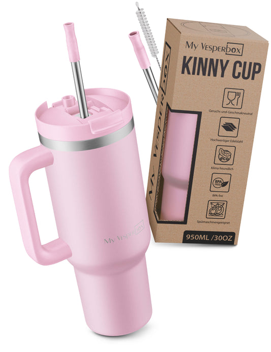 B-Ware My Vesperbox Kinny Cup - Thermobecher mit Strohhalm Rosa 950ml - Kaffeebecher To Go - Thermosflasche Edelstahl BPA & Melamin Frei