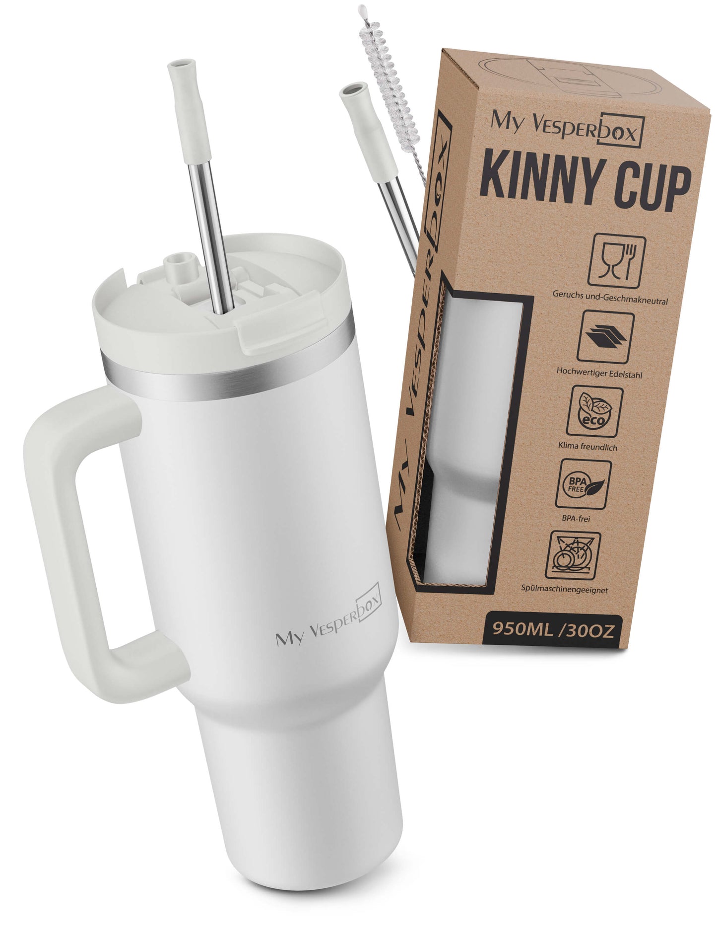 B-Ware My Vesperbox Kinny Cup ? Thermobecher mit Strohhalm 950ml Weiß Kaffeebecher To Go Thermosflasche Edelstahl BPA & Melamin Frei