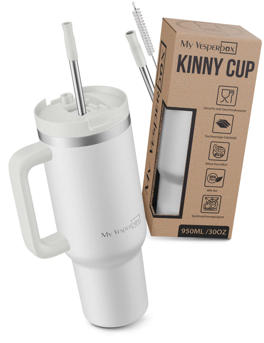 B-Ware My Vesperbox Kinny Cup ? Thermobecher mit Strohhalm 950ml Weiß Kaffeebecher To Go Thermosflasche Edelstahl BPA & Melamin Frei