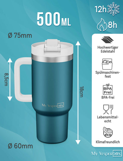 B-Ware My Vesperbox Kinny Cup - Thermobecher mit Strohhalm Petrol 500 ml - Kaffeebecher To Go - Thermosflasche Edelstahl BPA & Melamin Frei