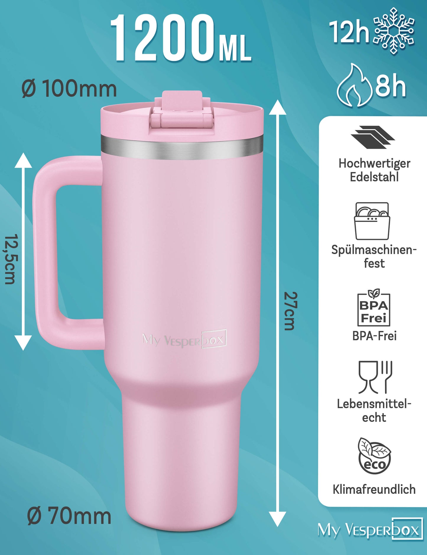 B-Ware My Vesperbox Kinny Cup - Thermobecher mit Strohhalm Rosa 1200ml - Kaffeebecher To Go - Thermosflasche Edelstahl BPA & Melamin Frei