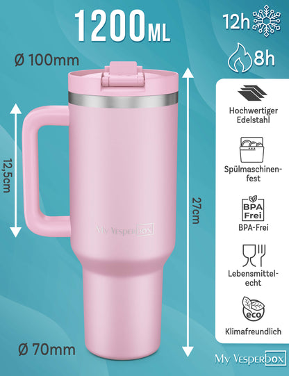 B-Ware My Vesperbox Kinny Cup - Thermobecher mit Strohhalm Rosa 1200ml - Kaffeebecher To Go - Thermosflasche Edelstahl BPA & Melamin Frei