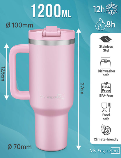 B-Ware My Vesperbox Kinny Cup - Thermobecher mit Strohhalm Rosa 1200ml - Kaffeebecher To Go - Thermosflasche Edelstahl BPA & Melamin Frei