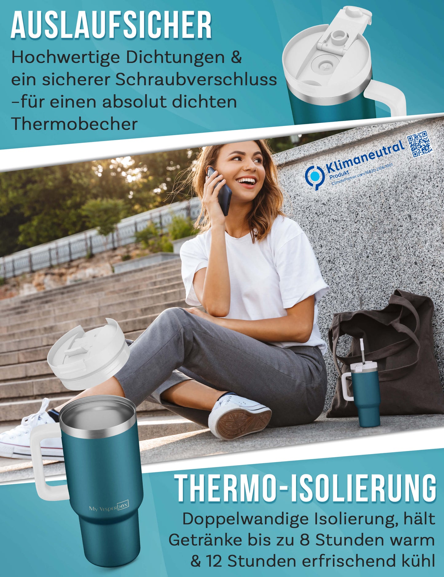 B-Ware My Vesperbox Kinny Cup - Thermobecher mit Strohhalm Petrol 500 ml - Kaffeebecher To Go - Thermosflasche Edelstahl BPA & Melamin Frei