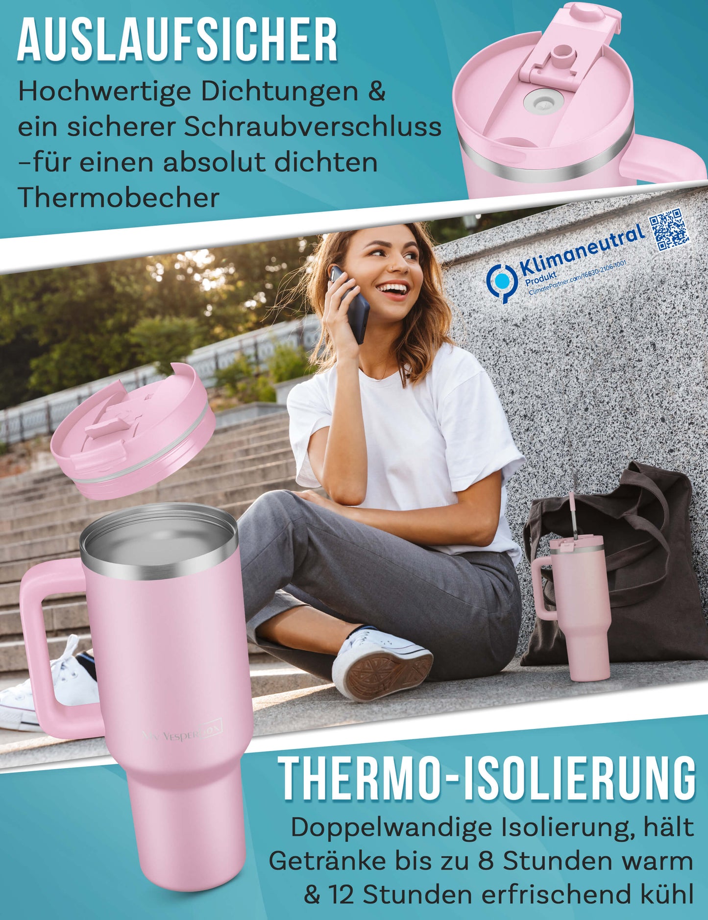 B-Ware My Vesperbox Kinny Cup - Thermobecher mit Strohhalm Rosa 1200ml - Kaffeebecher To Go - Thermosflasche Edelstahl BPA & Melamin Frei