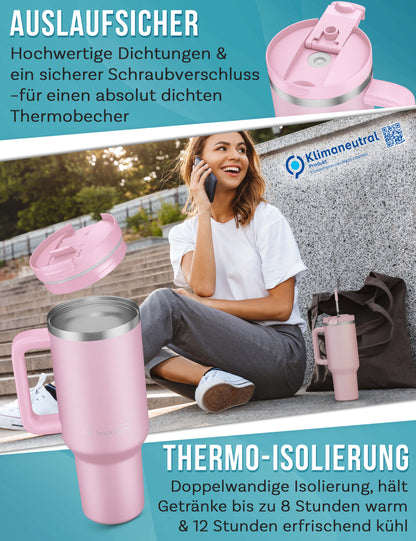 B-Ware My Vesperbox Kinny Cup - Thermobecher mit Strohhalm Rosa 1200ml - Kaffeebecher To Go - Thermosflasche Edelstahl BPA & Melamin Frei