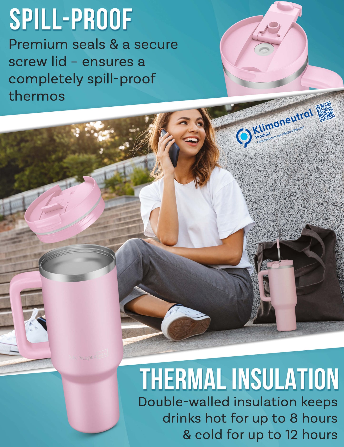 B-Ware My Vesperbox Kinny Cup - Thermobecher mit Strohhalm Rosa 1200ml - Kaffeebecher To Go - Thermosflasche Edelstahl BPA & Melamin Frei