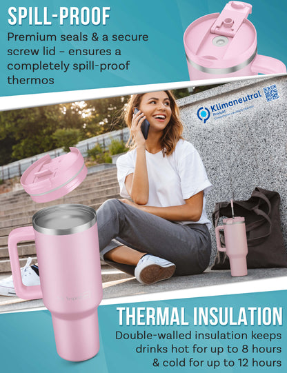 B-Ware My Vesperbox Kinny Cup - Thermobecher mit Strohhalm Rosa 1200ml - Kaffeebecher To Go - Thermosflasche Edelstahl BPA & Melamin Frei