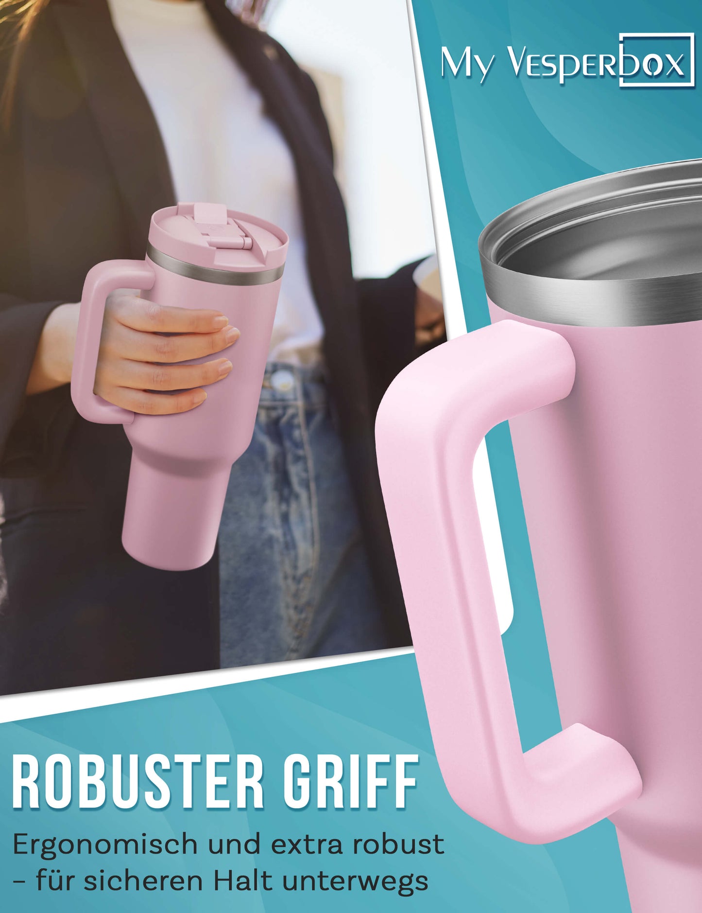 B-Ware My Vesperbox Kinny Cup - Thermobecher mit Strohhalm Rosa 1200ml - Kaffeebecher To Go - Thermosflasche Edelstahl BPA & Melamin Frei