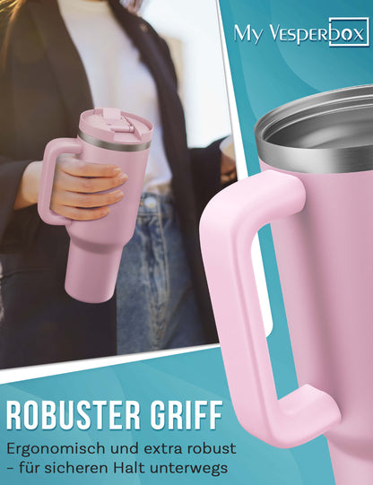 B-Ware My Vesperbox Kinny Cup - Thermobecher mit Strohhalm Rosa 1200ml - Kaffeebecher To Go - Thermosflasche Edelstahl BPA & Melamin Frei