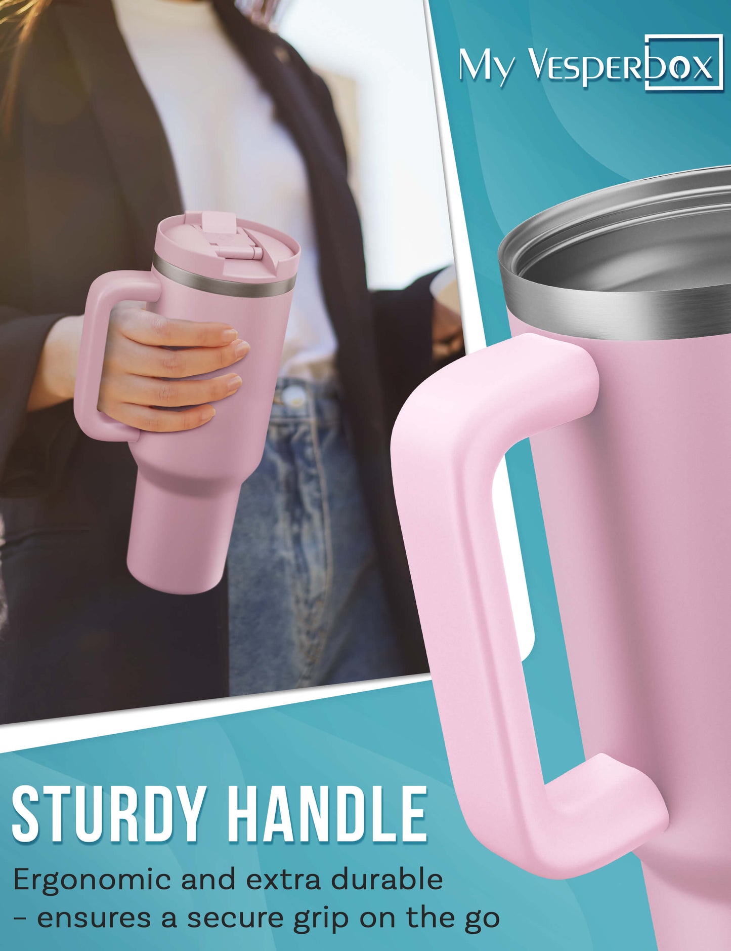 B-Ware My Vesperbox Kinny Cup - Thermobecher mit Strohhalm Rosa 1200ml - Kaffeebecher To Go - Thermosflasche Edelstahl BPA & Melamin Frei