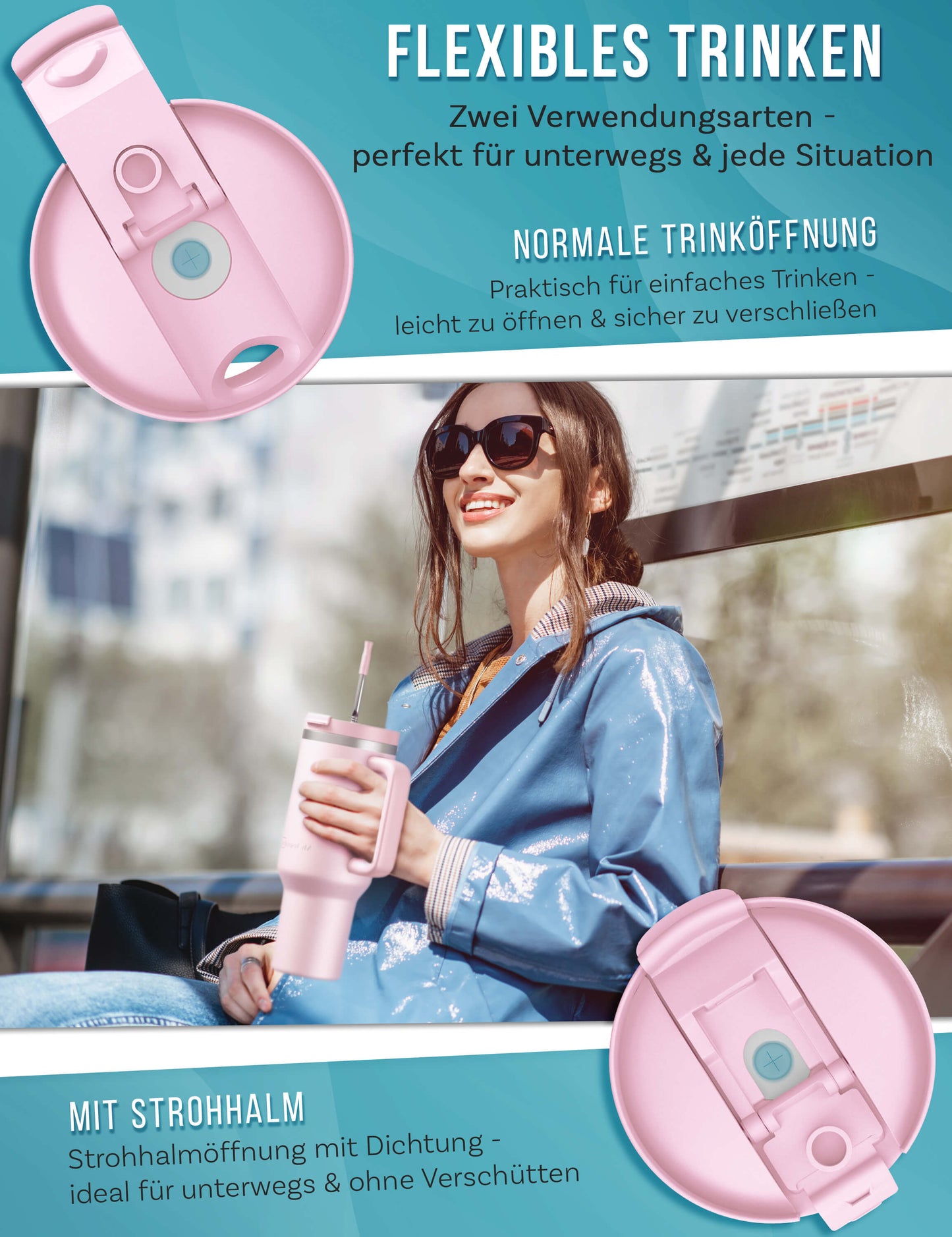 B-Ware My Vesperbox Kinny Cup - Thermobecher mit Strohhalm Rosa 1200ml - Kaffeebecher To Go - Thermosflasche Edelstahl BPA & Melamin Frei