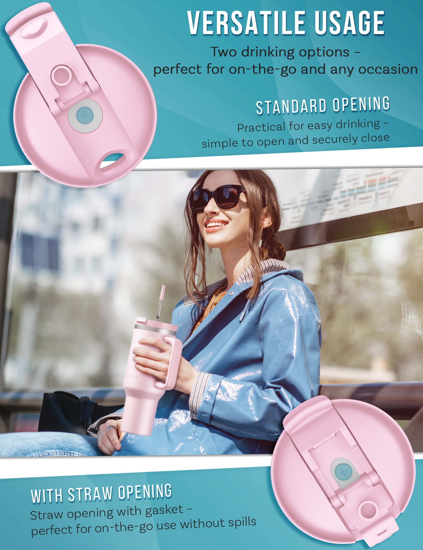 B-Ware My Vesperbox Kinny Cup - Thermobecher mit Strohhalm Rosa 1200ml - Kaffeebecher To Go - Thermosflasche Edelstahl BPA & Melamin Frei