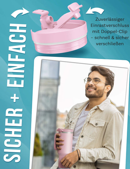 B-Ware My Vesperbox Kinny Cup - Thermobecher mit Strohhalm Rosa 1200ml - Kaffeebecher To Go - Thermosflasche Edelstahl BPA & Melamin Frei