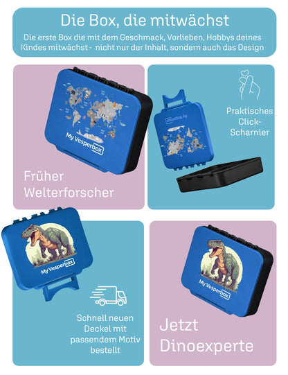 Liv Lite Wechseldeckel – vom Weltkarten-Motiv zum Dino-Motiv, Unterteil bleibt, nur der Deckel wird getauscht