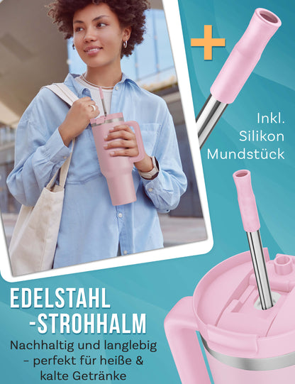 B-Ware My Vesperbox Kinny Cup - Thermobecher mit Strohhalm Rosa 1200ml - Kaffeebecher To Go - Thermosflasche Edelstahl BPA & Melamin Frei
