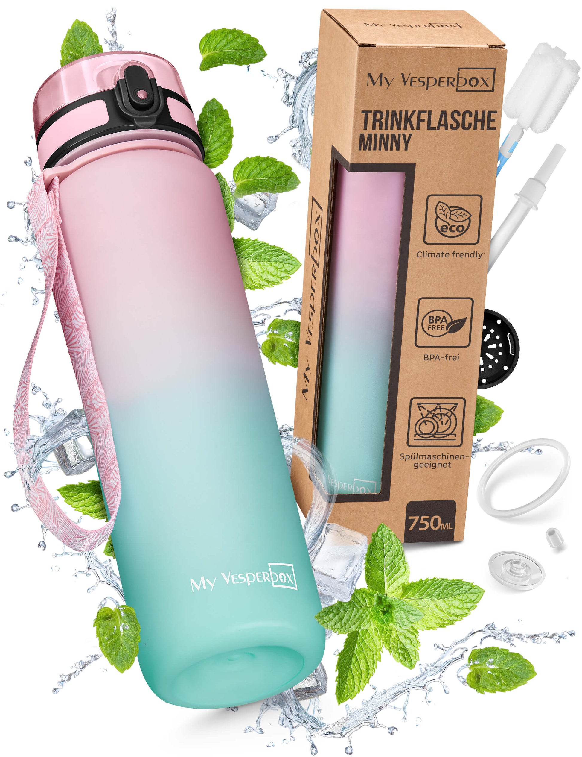 Minny Trinkflasche 750 ml Rosa-Türkis – auslaufsicher & BPA-frei